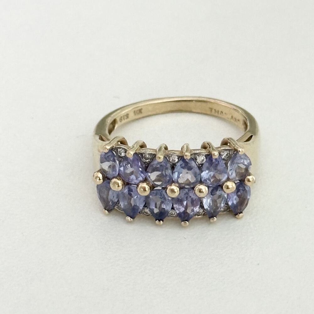 14K Yellow Gold Tanzanite Double Row & Diamond Ladies Band Ring Size 5.5